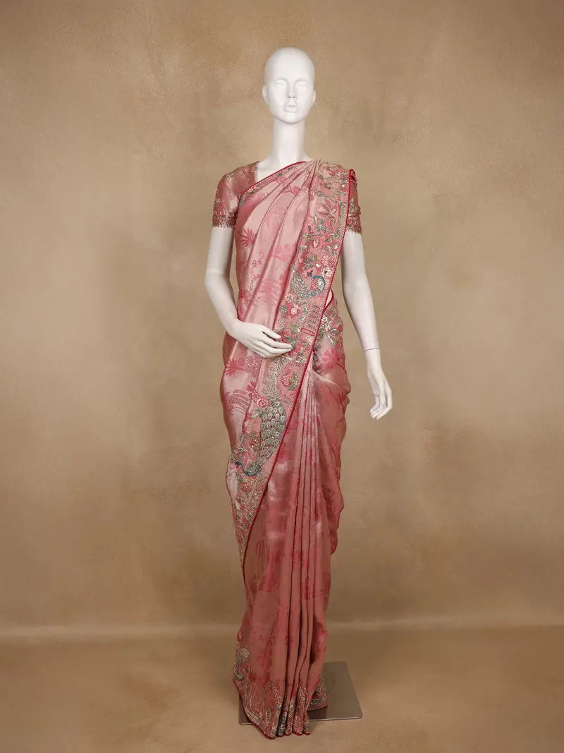 Dusty Rose Pink Floral Woven Design Banarasi Saree With Peacock Embroidered Design Border 1