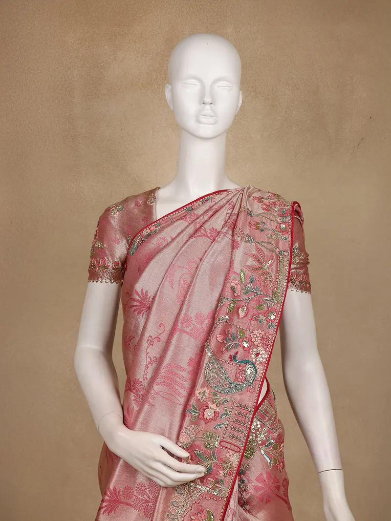 Dusty Rose Pink Floral Woven Design Banarasi Saree With Peacock Embroidered Design Border 2