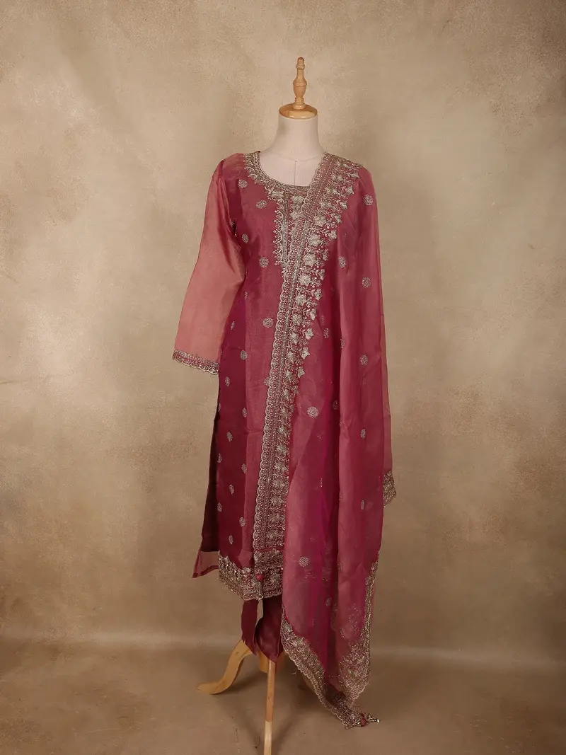 Dusty Rose Pink Floral Zari And Beads Embroidered Design Tissue Silk Straight Cut Salwar Suit 1