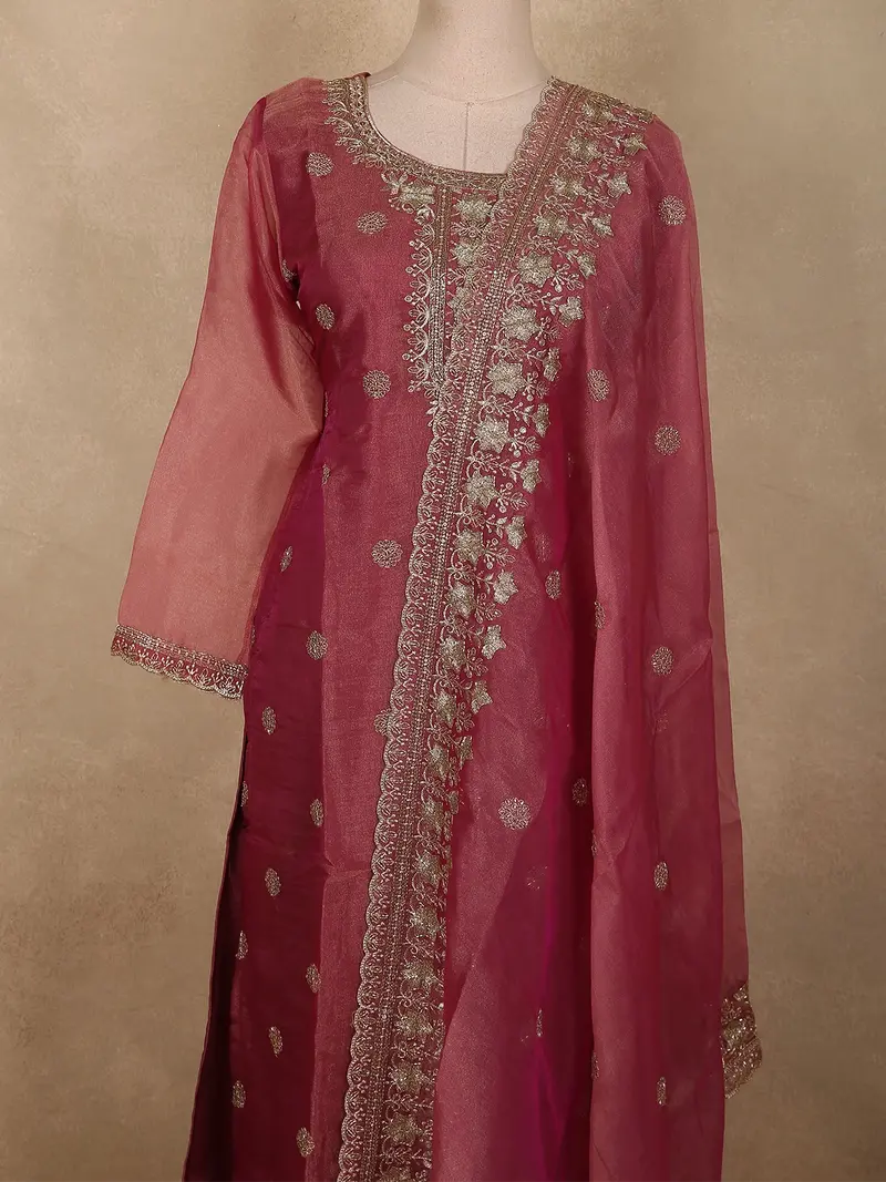 Dusty Rose Pink Floral Zari And Beads Embroidered Design Tissue Silk Straight Cut Salwar Suit 2
