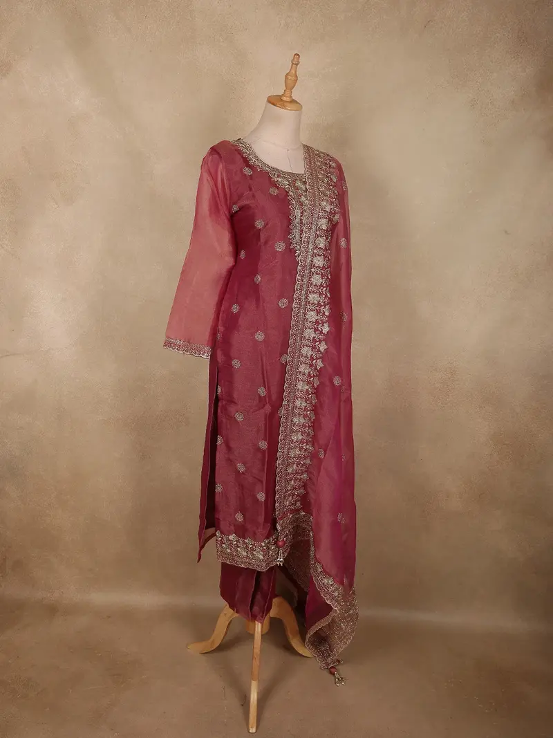Dusty Rose Pink Floral Zari And Beads Embroidered Design Tissue Silk Straight Cut Salwar Suit 3