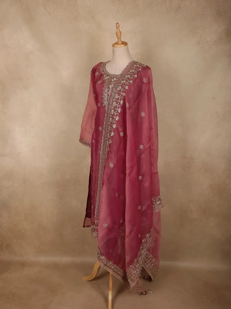 Dusty Rose Pink Floral Zari And Beads Embroidered Design Tissue Silk Straight Cut Salwar Suit 4