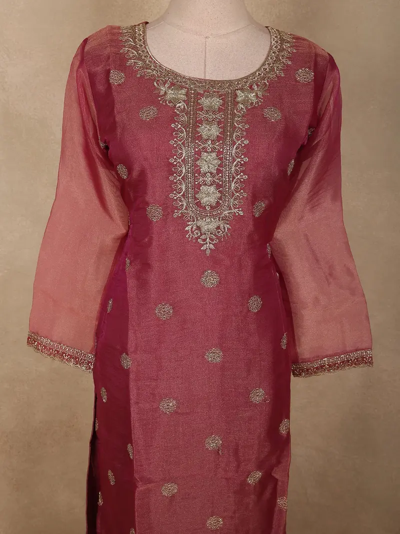 Dusty Rose Pink Floral Zari And Beads Embroidered Design Tissue Silk Straight Cut Salwar Suit 5