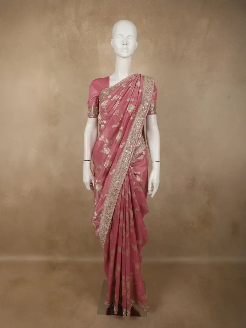 Dusty Rose Pink Floral Zari Embroidered Design Tissue Organza Festive Saree With Designer Border 1