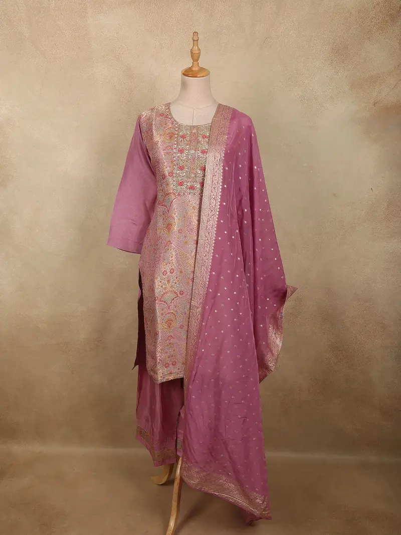 Dusty Rose Pink Floral Zari Woven Design Banarasi Silk Salwar Suit 1