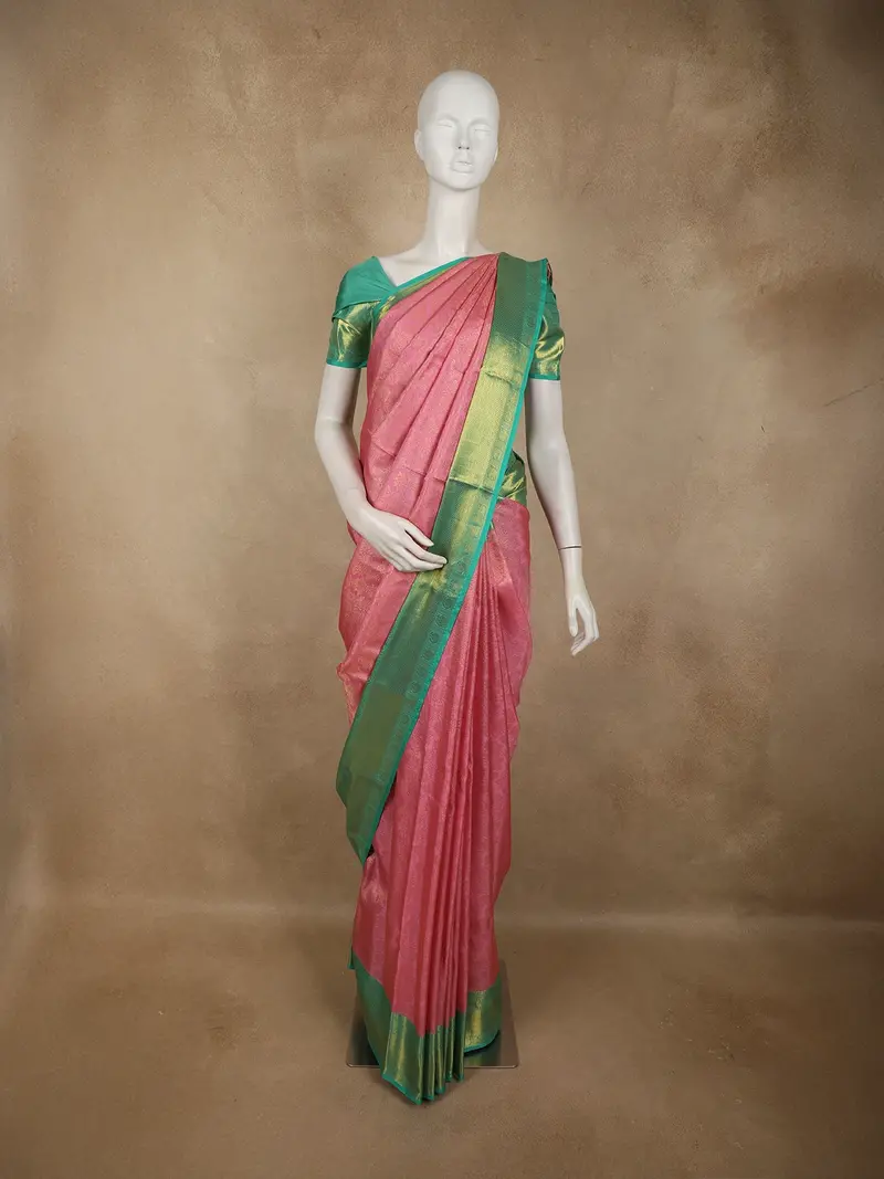 Dusty Rose Pink Floral Zari Woven Design Pure Kanchipuram Silk Saree With Contrast Zari Border 1