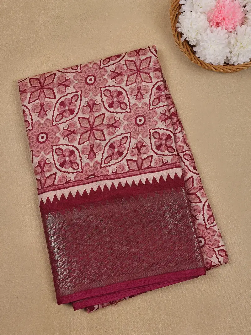 Dusty Rose Pink Geometric And Floral Design Printed Cotton Saree 1