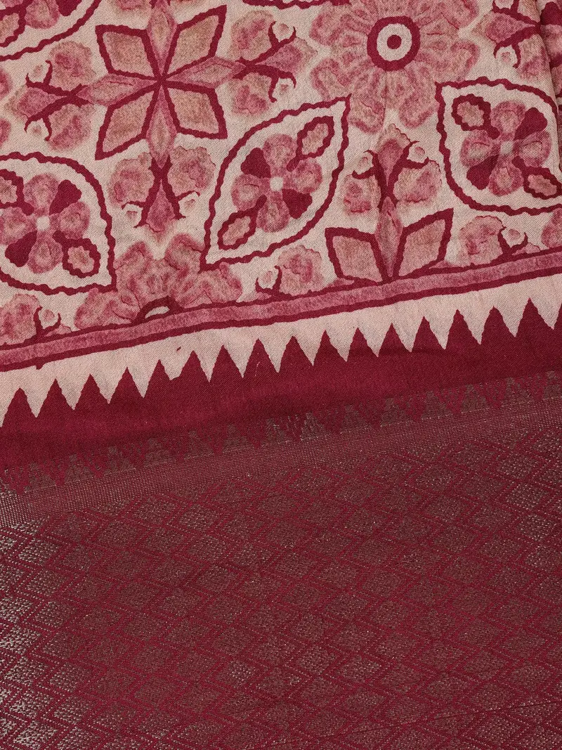 Dusty Rose Pink Geometric And Floral Design Printed Cotton Saree 2