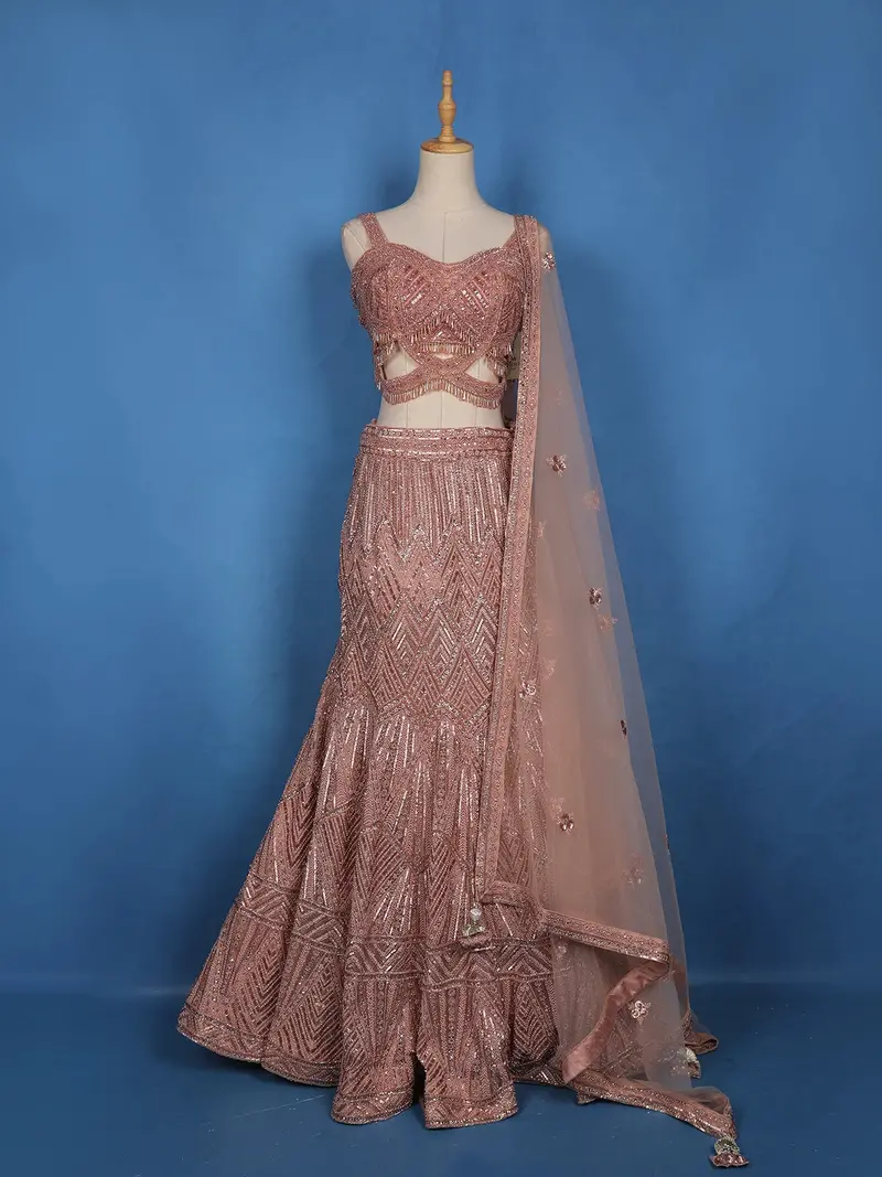 Dusty Rose Pink Geometric Sequins Embroidered Mermaid Net Lehenga With Dupatta 1