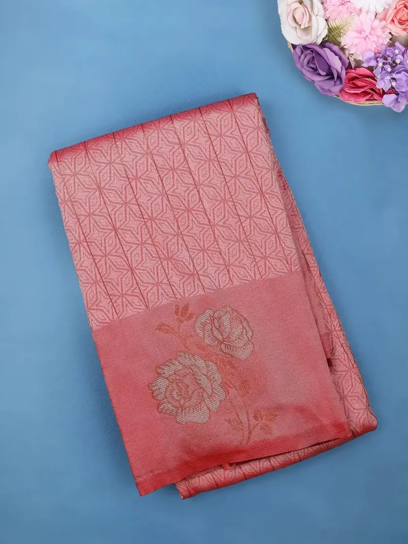 Dusty Rose Pink Geometric Woven Pattern With Floral Design Soft Silk Saree 1