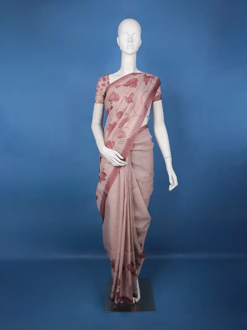 Dusty Rose Pink Hand-Drawn Lotus Floral Printed Cotton Saree 1