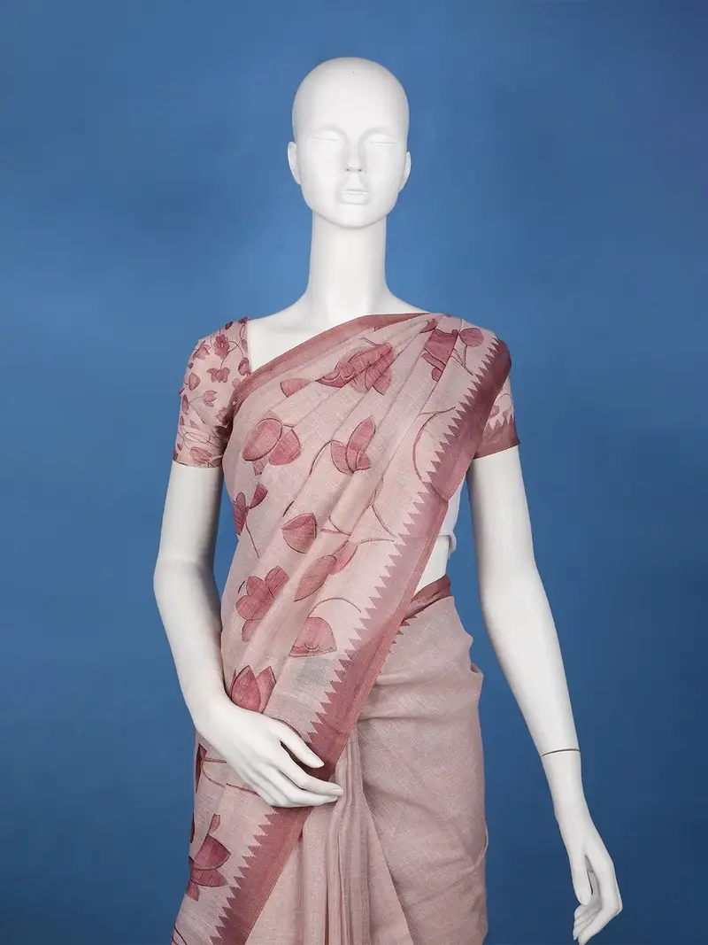 Dusty Rose Pink Hand-Drawn Lotus Floral Printed Cotton Saree 2