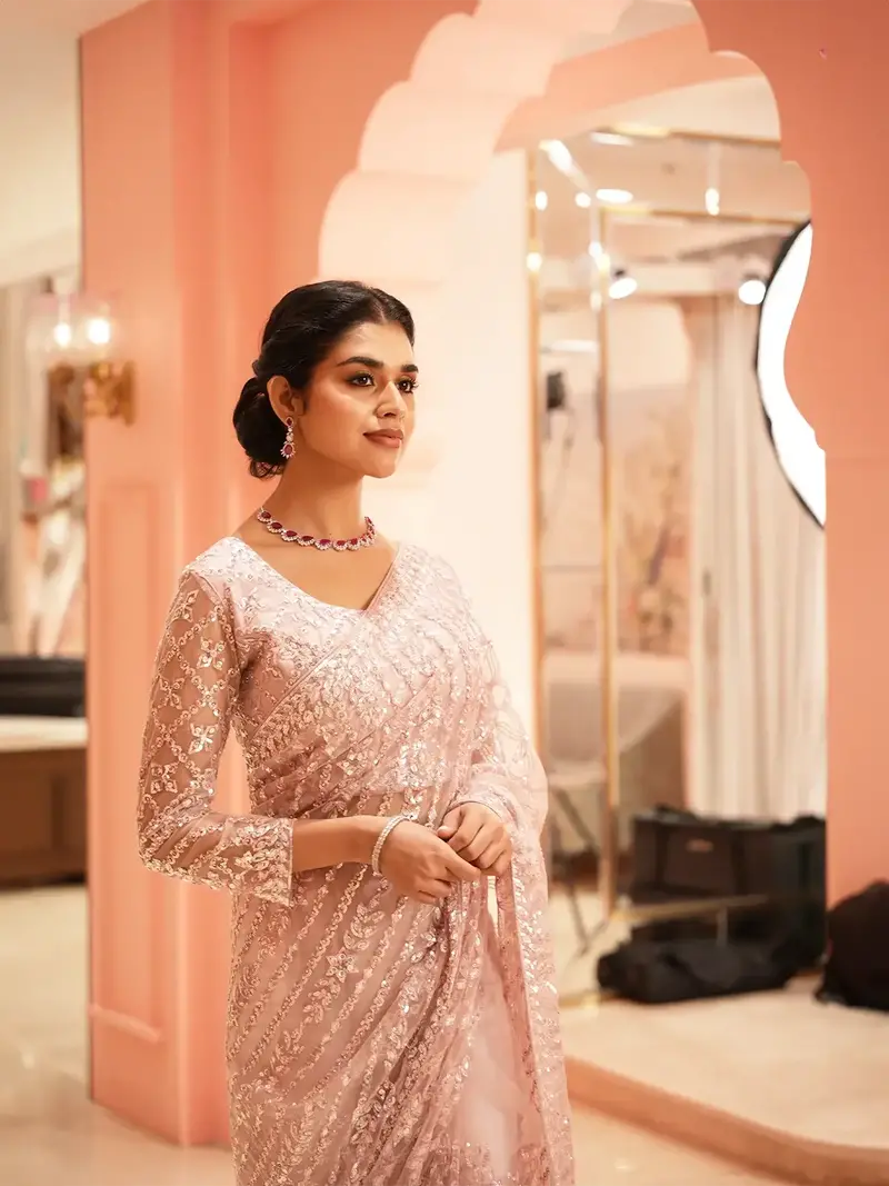 Dusty Rose Pink Heavy Sequin Embroidered Net Saree 1