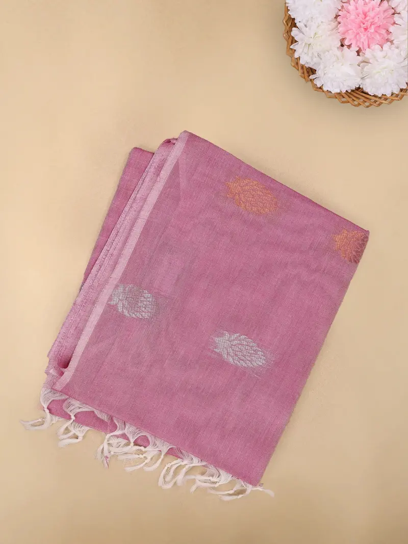 Dusty Rose Pink Leaf Butta Woven Design Cotton Saree 1