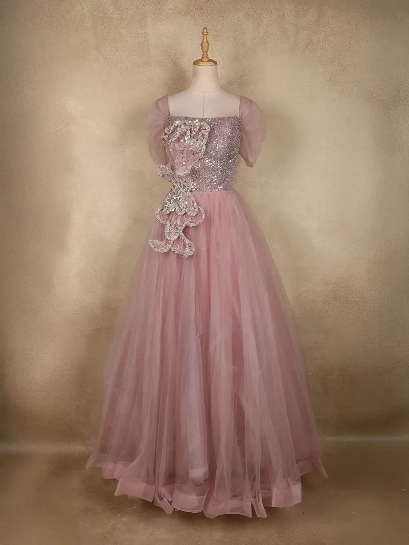 Dusty Rose Pink Sequin Embellished Net Party Wear Gown 1