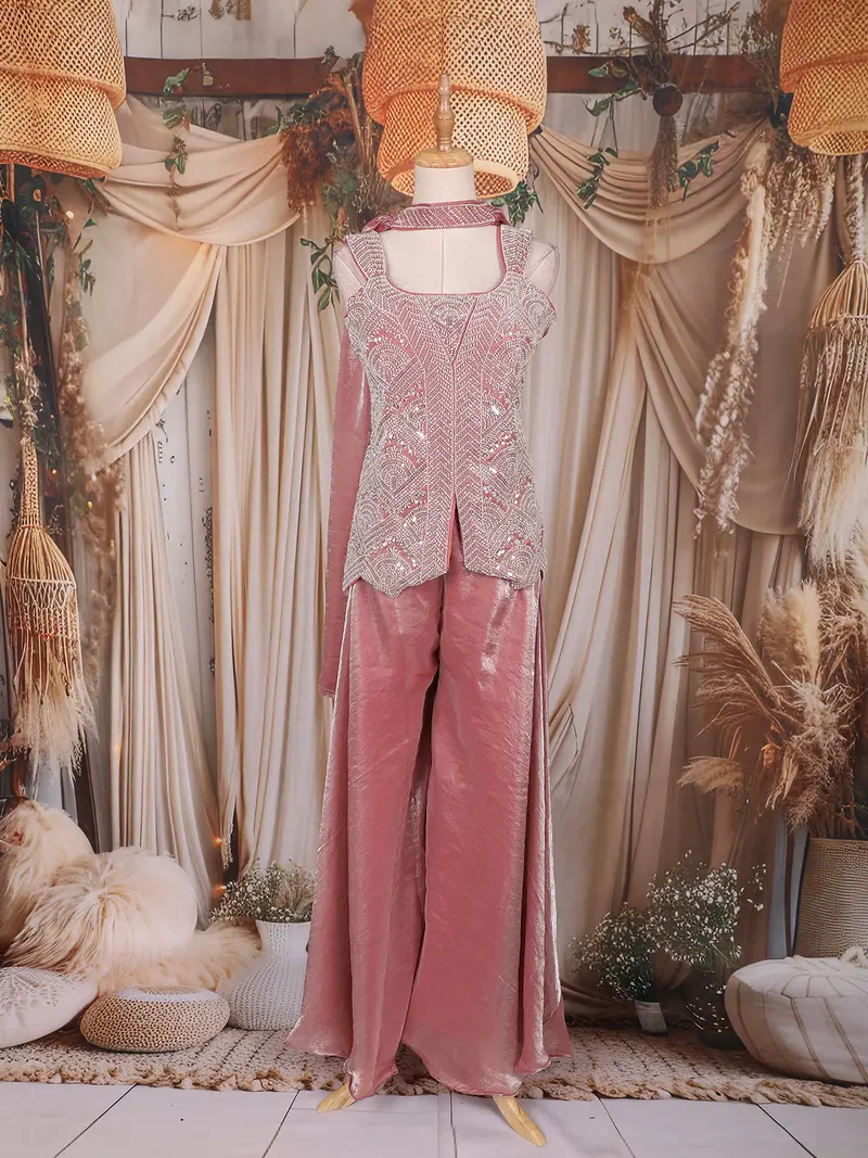 Dusty Rose Pink Sequins Design Organza Palazzo Suit With Choker Dupatta 1
