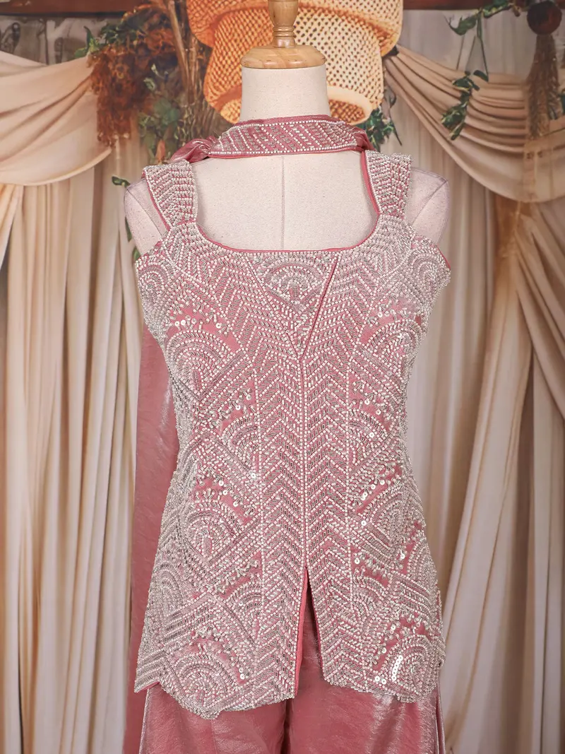 Dusty Rose Pink Sequins Design Organza Palazzo Suit With Choker Dupatta 2