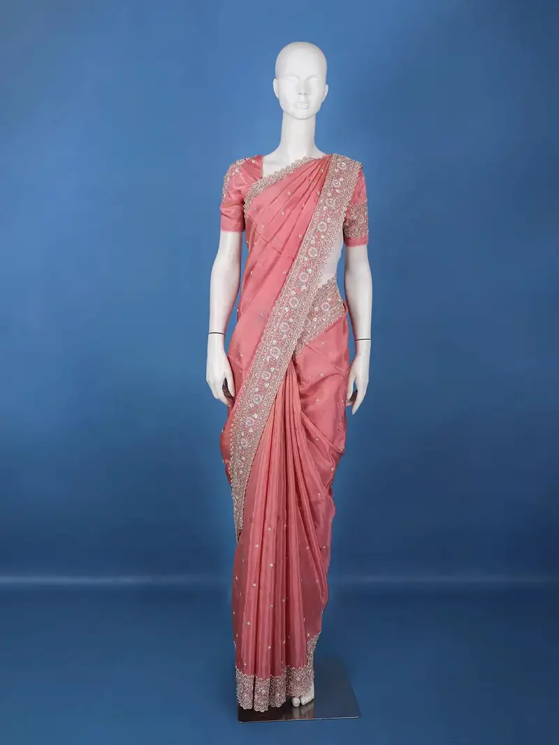 Dusty Rose Pink Sequins Design Organza Silk Saree With Floral Embroidered Border 1