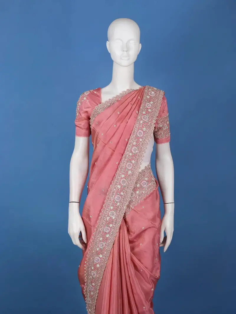 Dusty Rose Pink Sequins Design Organza Silk Saree With Floral Embroidered Border 2