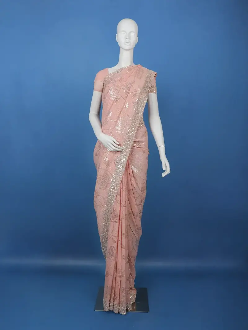 Dusty Rose Pink Sequins Embroidered Georgette Saree 2