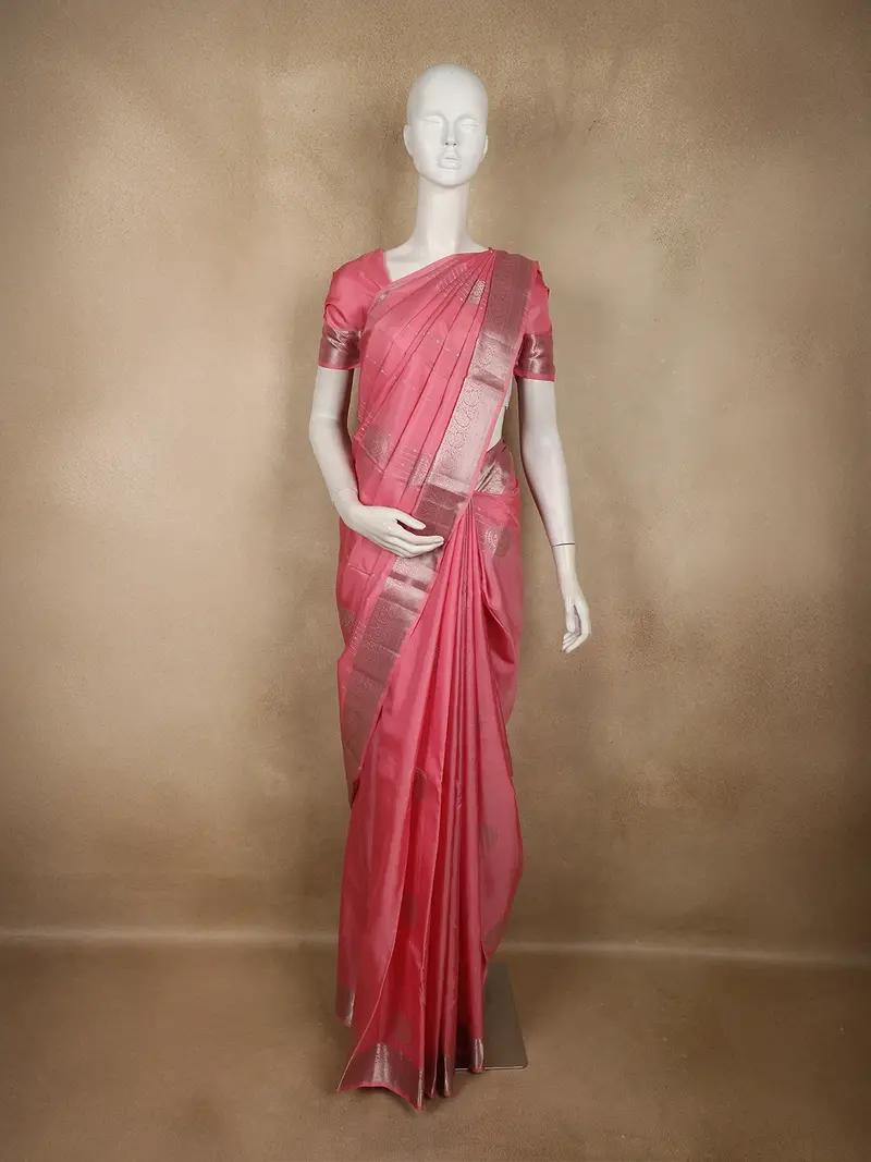 Dusty Rose Pink Stripes Zari Woven Design Pure Kanchipuram Silk Saree With Zari Border 1