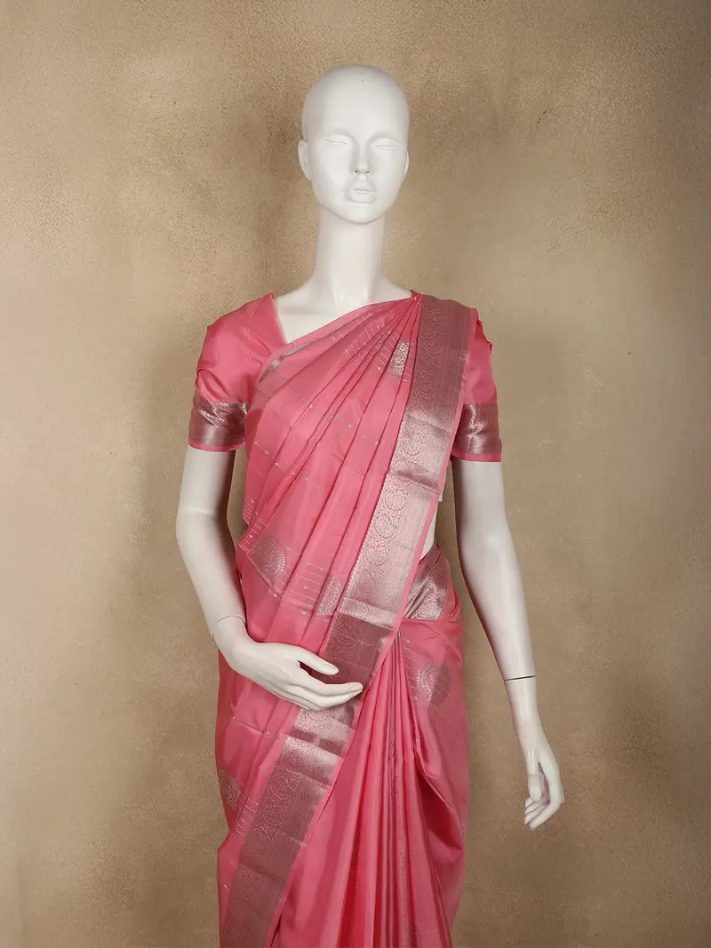 Dusty Rose Pink Stripes Zari Woven Design Pure Kanchipuram Silk Saree With Zari Border 2