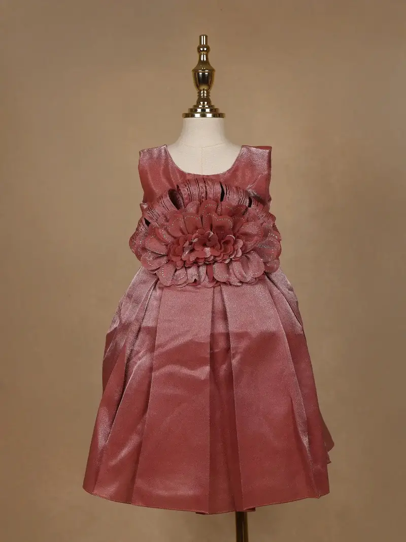 Dusty Rose Satin Party Frock With Oversized 3D Floral Embellishment 1