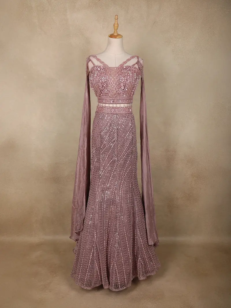 Dusty Rose Sequins And Bead Embroidered Net Mermaid Lehenga Set 1
