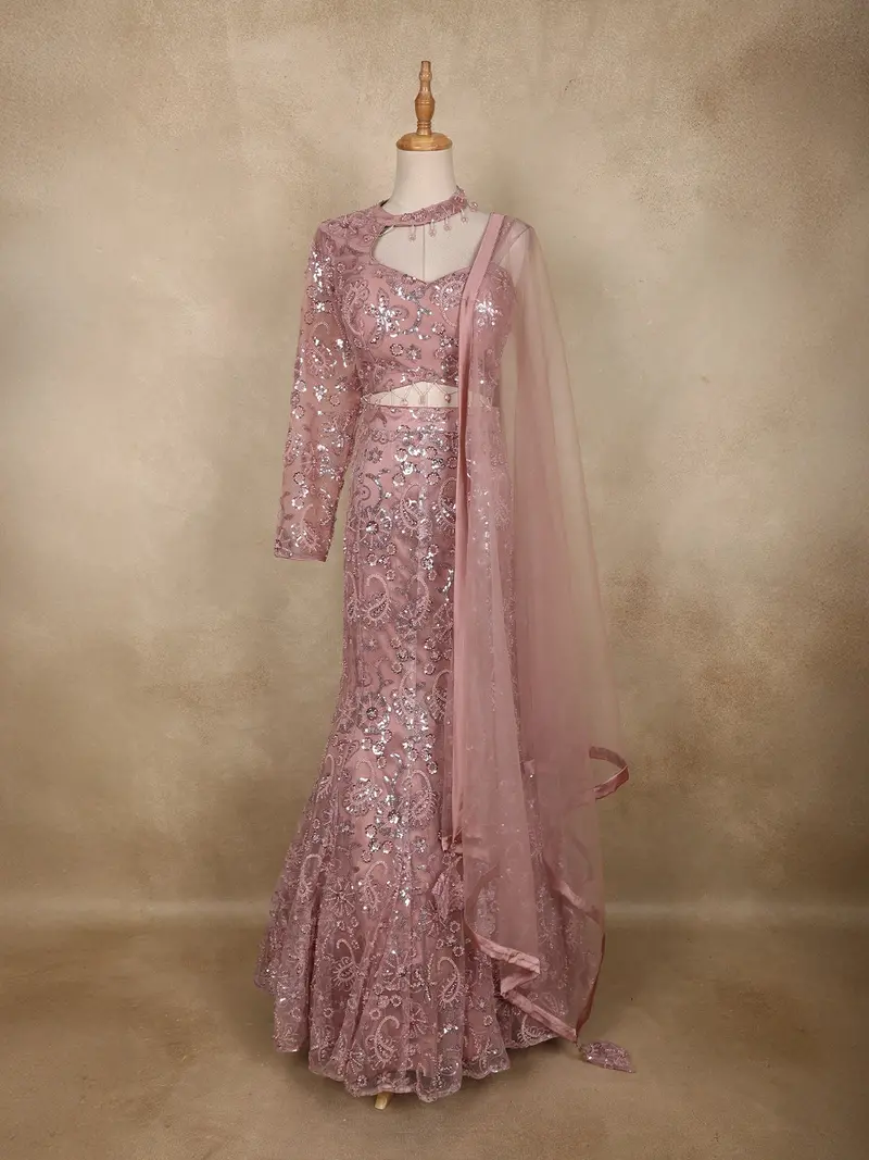 Dusty Rose Sequins Embroidered Net Mermaid Lehenga Set With One-Sleeve Choker Blouse 1