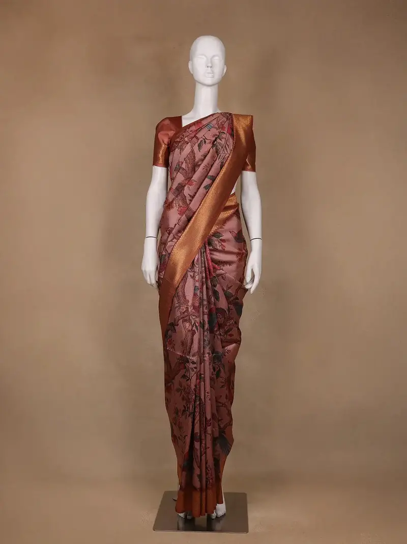 Dusty Rose Tropical Bird Printed Semi Tussar Saree 1