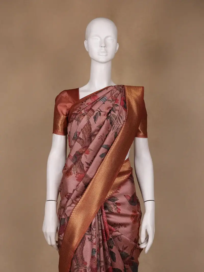 Dusty Rose Tropical Bird Printed Semi Tussar Saree 2
