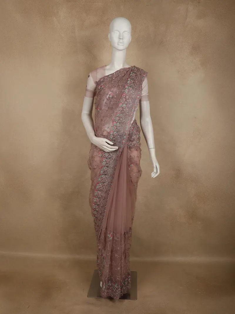 Dusty Rose Wine Floral Embroidered Design Net Designer Saree 1
