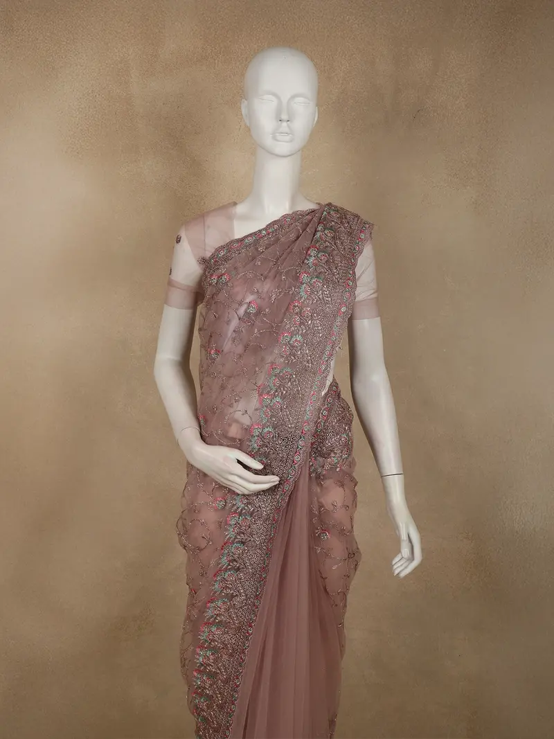 Dusty Rose Wine Floral Embroidered Design Net Designer Saree 2