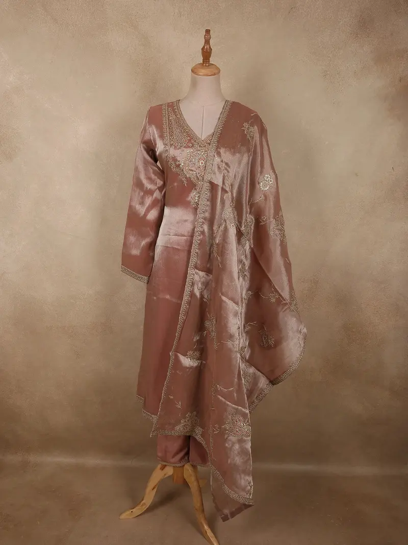 Dusty Rosewood Mauve Sequins Embroidered Design Tissue Silk Salwar Straight Cut Salwar Suit With Dupatta 1