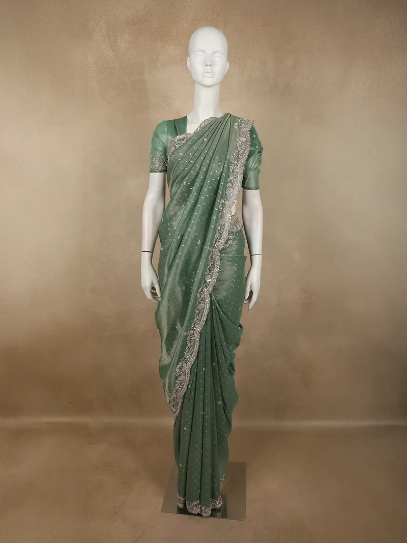 Dusty Sage Green Floral Sequins And Zardozi Embroidered Design Tissue Silk Designer Saree With Scalloped Border 1