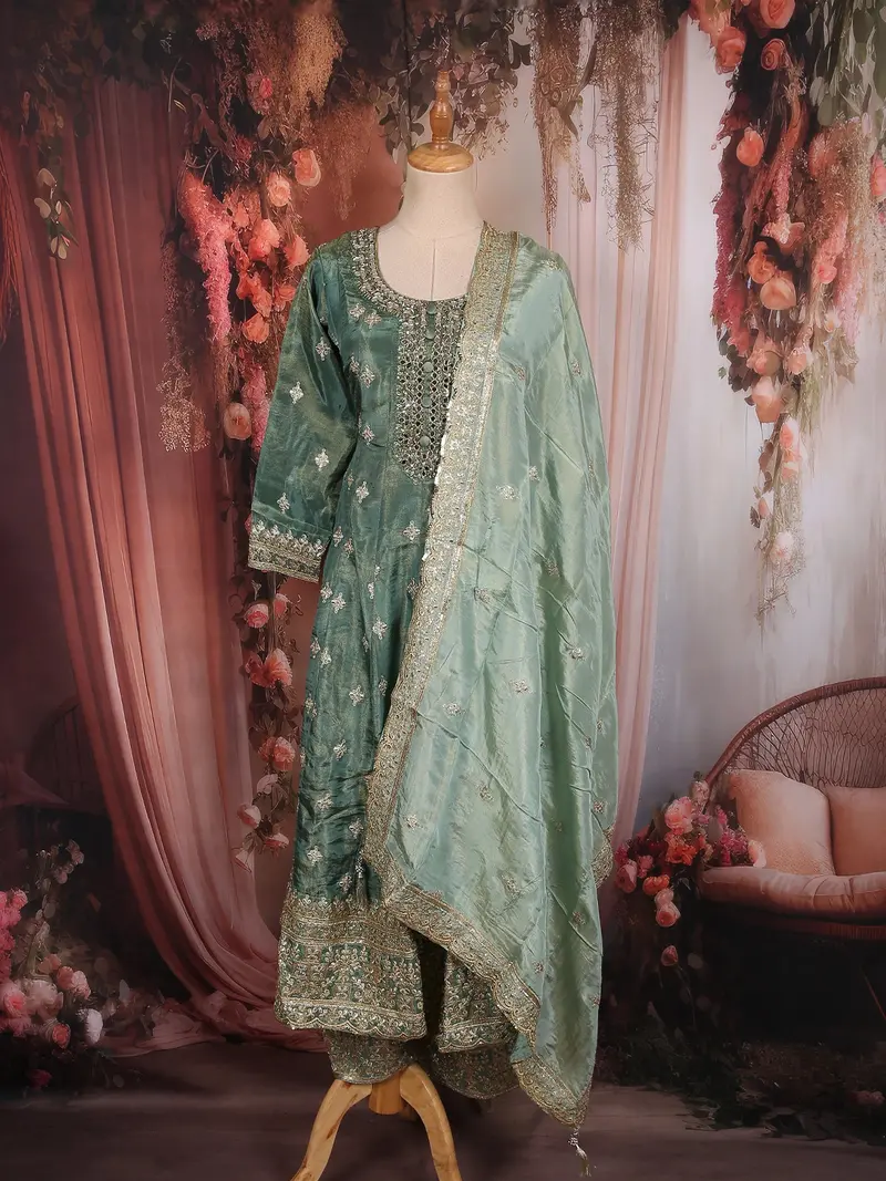 Dusty Sage Green Floral Zari And Mirror Embroidered Design Tissue Organza Salwar Suit 1