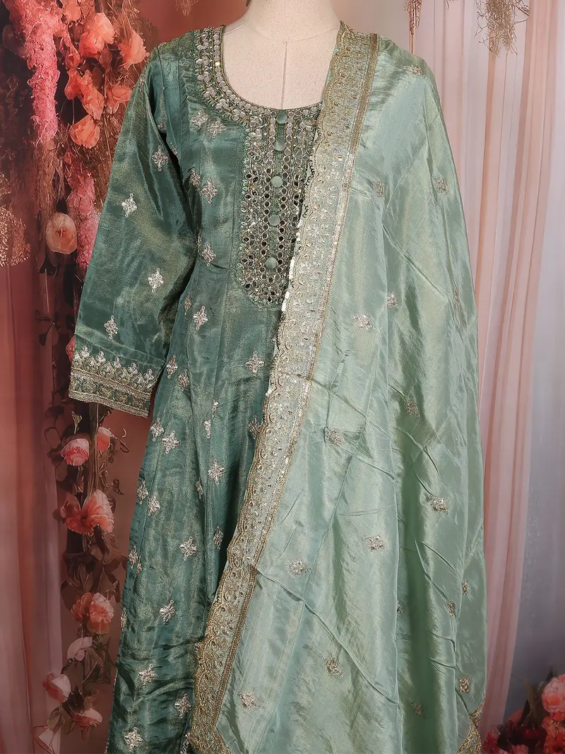 Dusty Sage Green Floral Zari And Mirror Embroidered Design Tissue Organza Salwar Suit 2