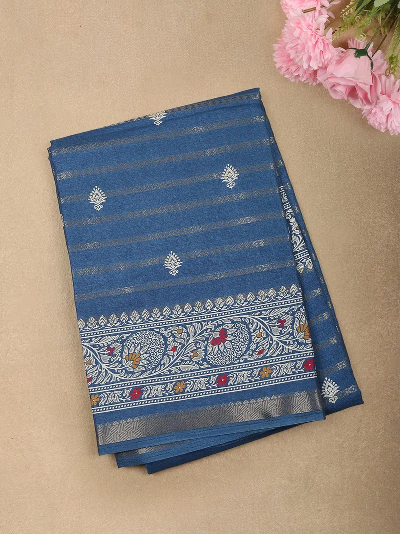 Dusty Steel Blue Traditional Butta Motif Design Mixed Cotton Saree With Zari Border 1