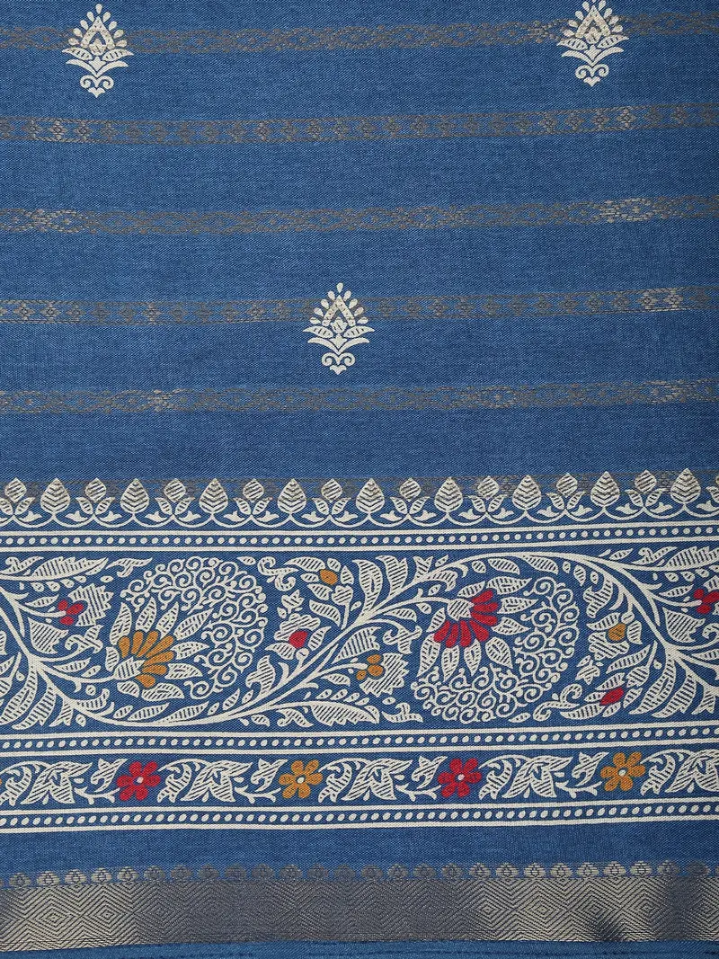 Dusty Steel Blue Traditional Butta Motif Design Mixed Cotton Saree With Zari Border 2