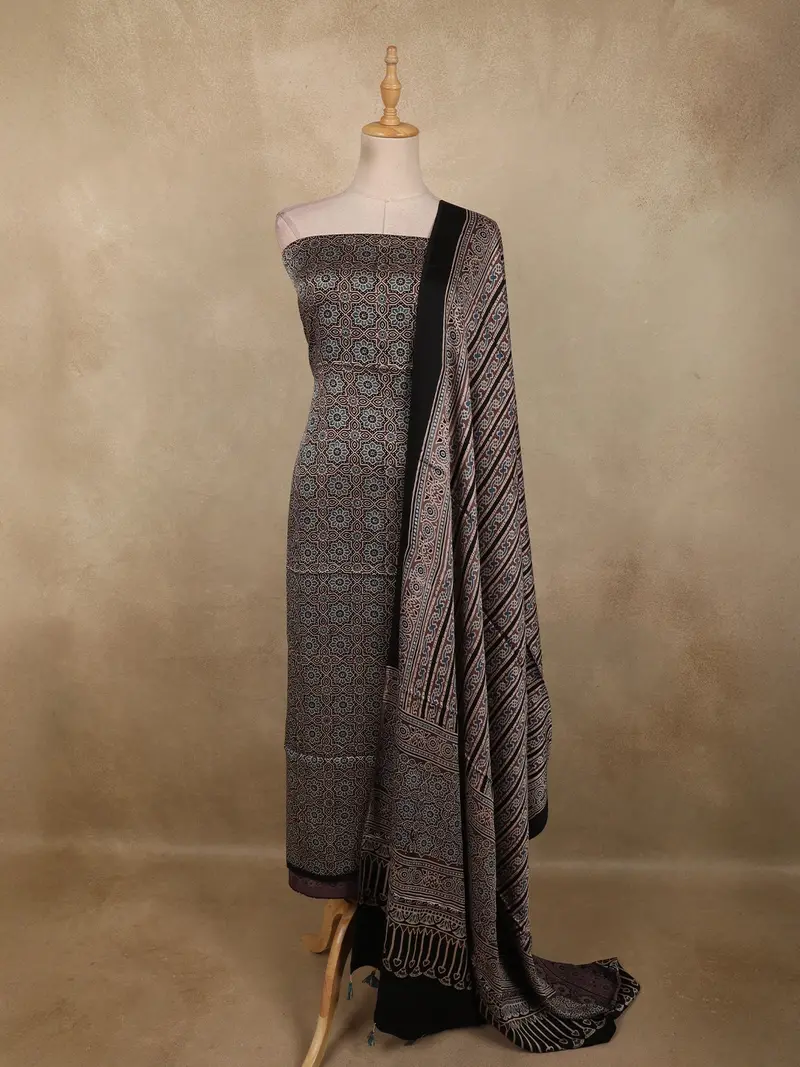 Dusty Taupe Brown Ajrakh Printed Design Cotton Unstitched Salwar Material With Dupatta 1