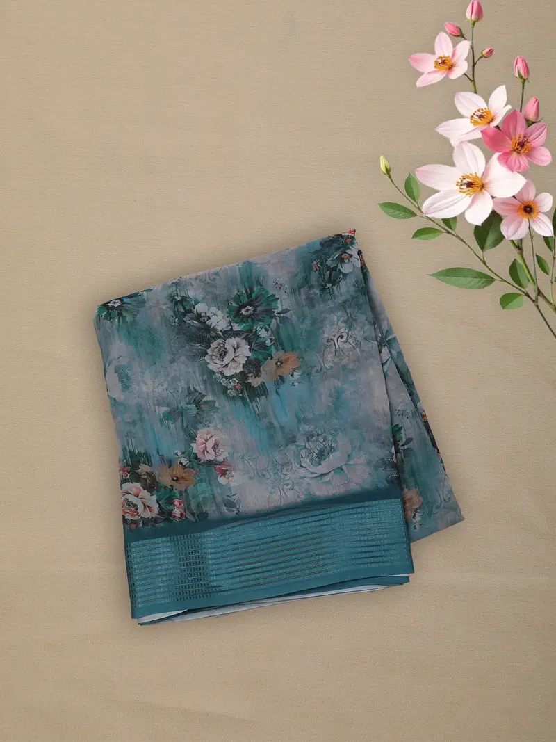 Dusty Teal Blue Floral Printed Design Chiffon Saree 1
