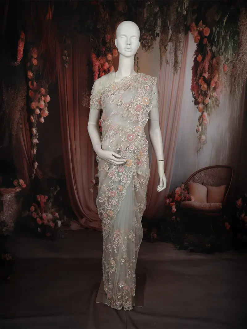 Dusty Teal Blue Floral Sequins And Beads Embroidered Design Net Designer Saree With Designer Border 1