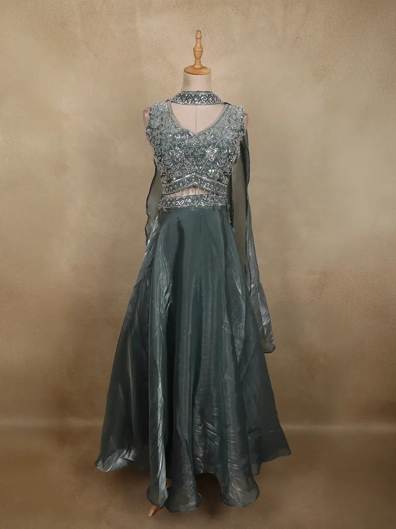 Dusty Teal Blue Floral Sequins And Beads Embroidered Design Organza Lehenga With Choker Dupatta 1
