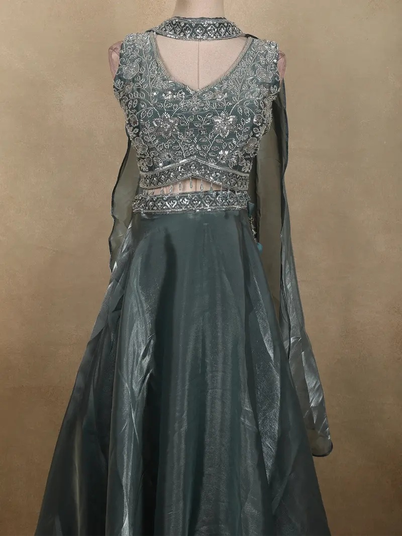 Dusty Teal Blue Floral Sequins And Beads Embroidered Design Organza Lehenga With Choker Dupatta 2