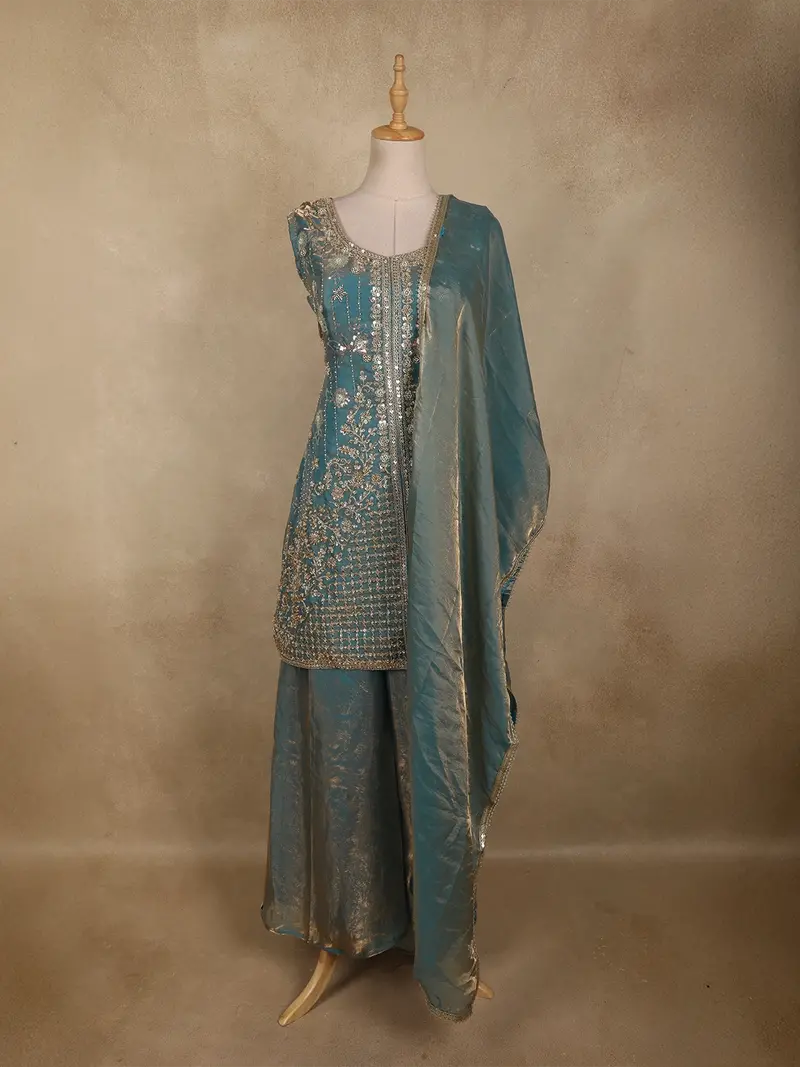Dusty Teal Blue Floral Sequins And Beads Embroidered Design Organza Palazzo Suit With Dupatta 1