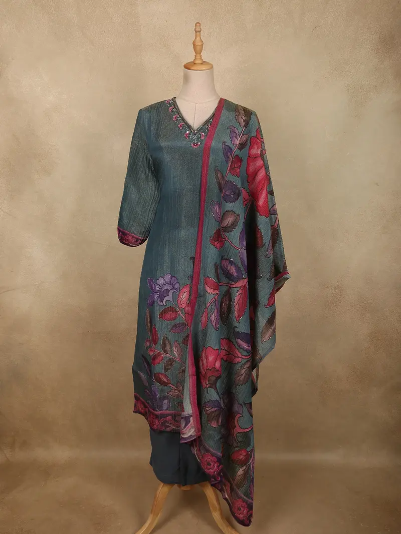 Dusty Teal Blue Floral Sequins And Beads Embroidered Design Organza Salwar Suit With Dupatta 1