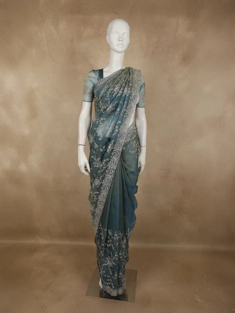 Dusty Teal Blue Floral Zari And Stone Embellished Design Organza Designer Saree 1