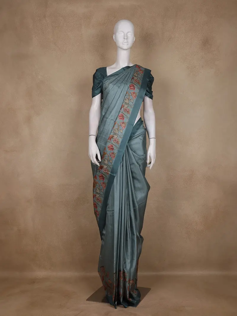 Dusty Teal Blue Solid Woven Design Tussar Saree With Floral Printed Border 1