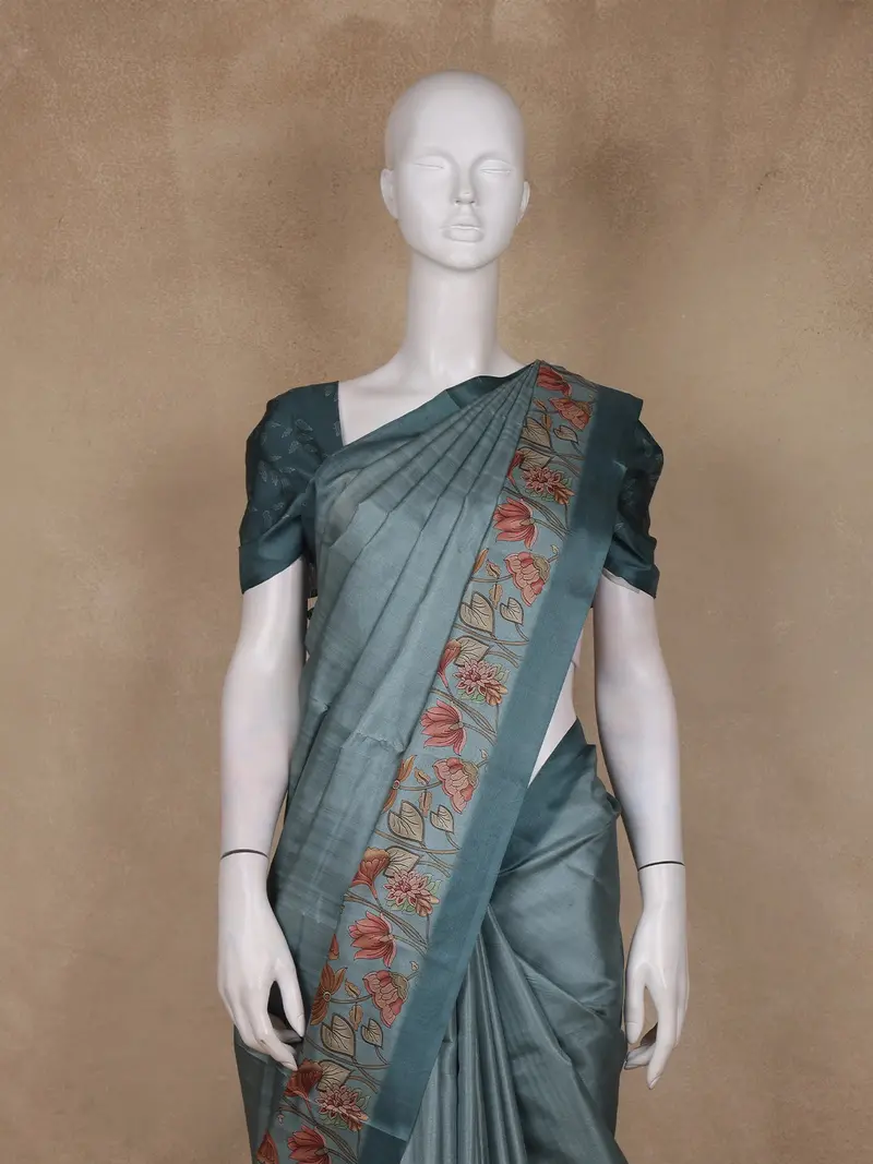 Dusty Teal Blue Solid Woven Design Tussar Saree With Floral Printed Border 2
