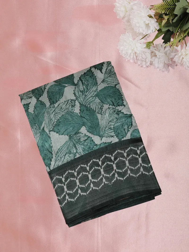Dusty Teal Green Leaf Printed Design Mixed Cotton Saree 1